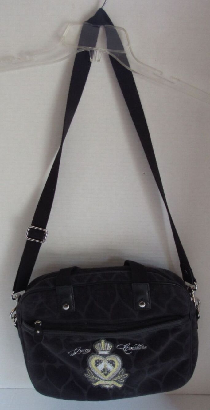 Juicy Couture Black Velour Embroidered Crest Crossbody Laptop Computer Bag